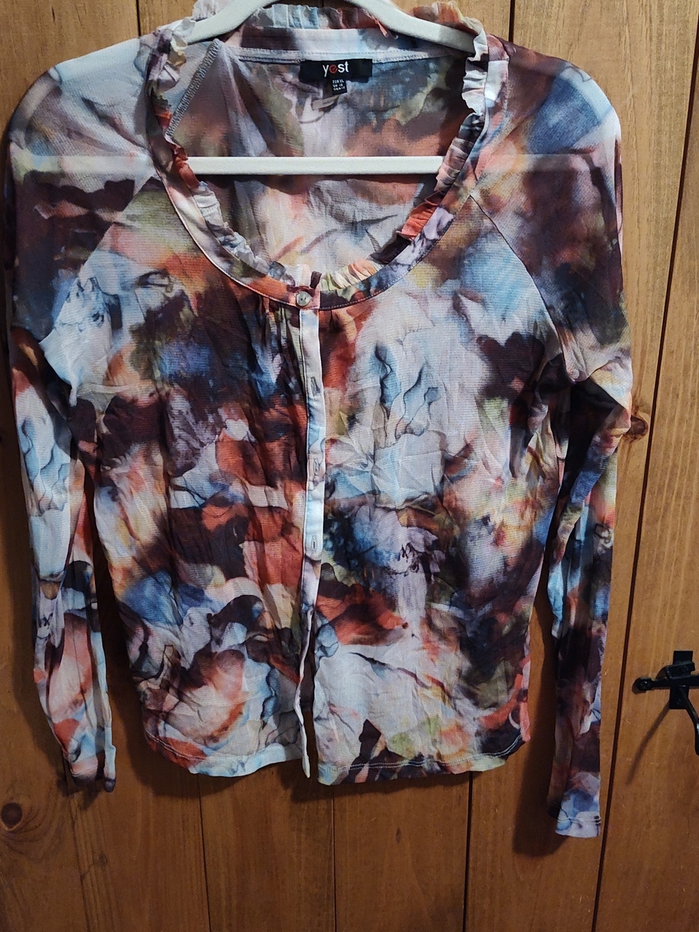 Yest Multicolor Watercolor Print Ruffle-Trim Cardigan - Long Sleeve